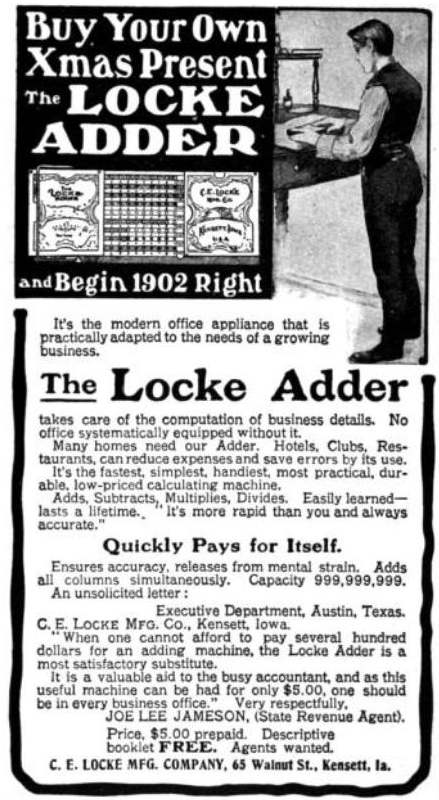 The Locke Adder C.E. Locke Mfg. Co. Kensett Iowa 1901